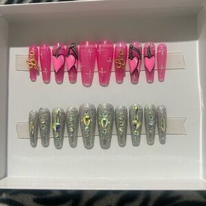 Pink and Silver Nail Set with Heart Design